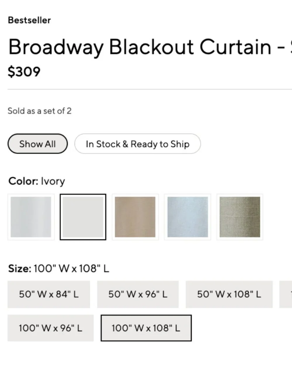 POTTERY BARN BROADWAY BLACKOUT CURTAINS - IVORY - 2 PANELS - 100